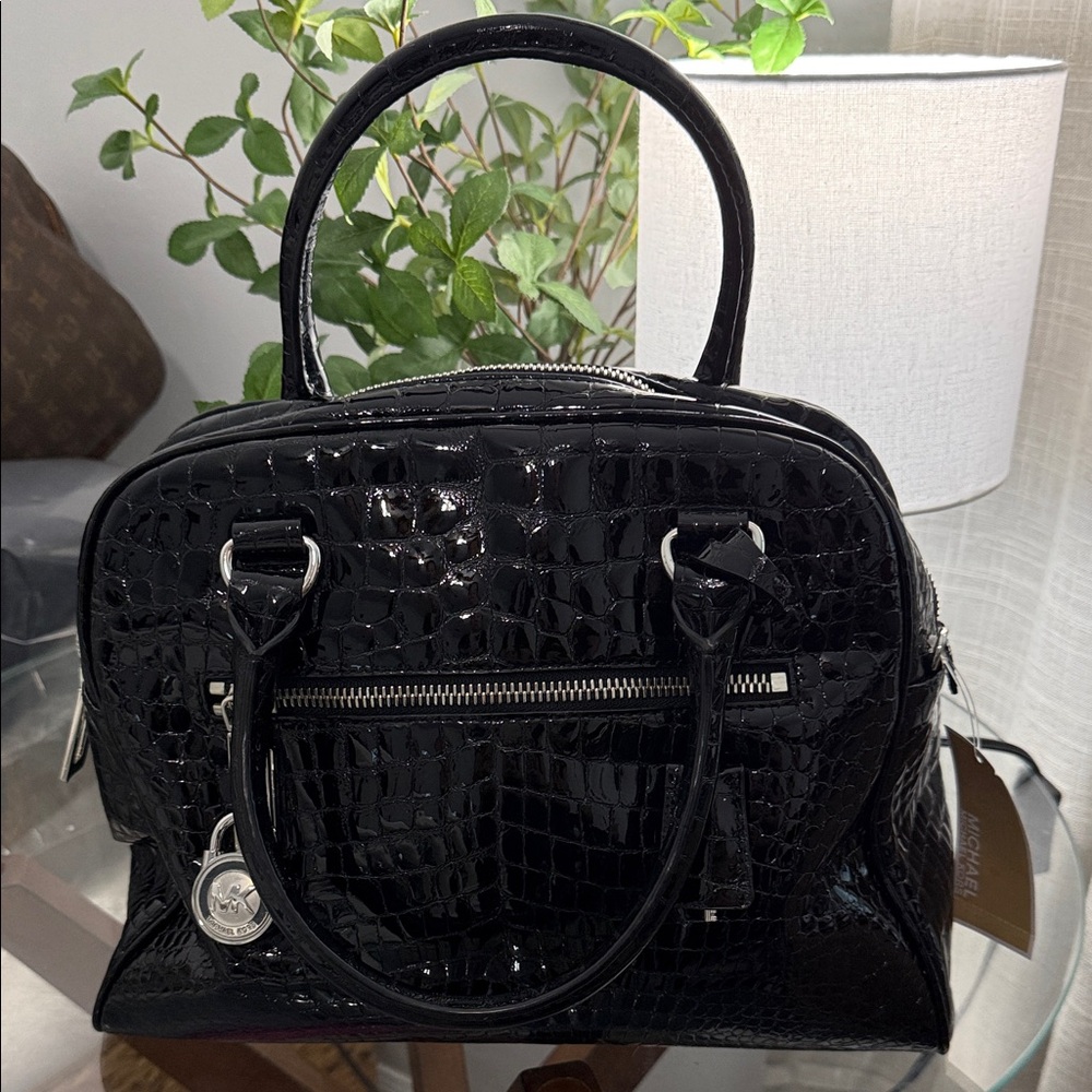 Michael Kors Elegant Black Crocodile-Embossed Genuine Leather Satchel